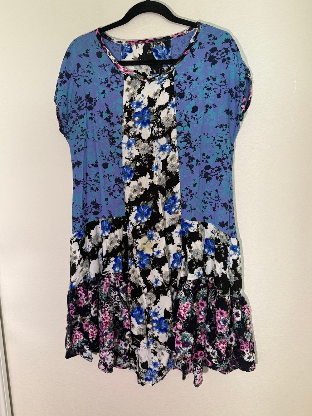 Boho Mixed Floral Tiered Ruffle Hem Mini Dress Blue Black Pink Short Sleeve XL